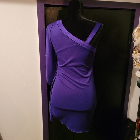 Purple sparkle glitter mini dress off shoulder bat wing - Picture 2 of 3